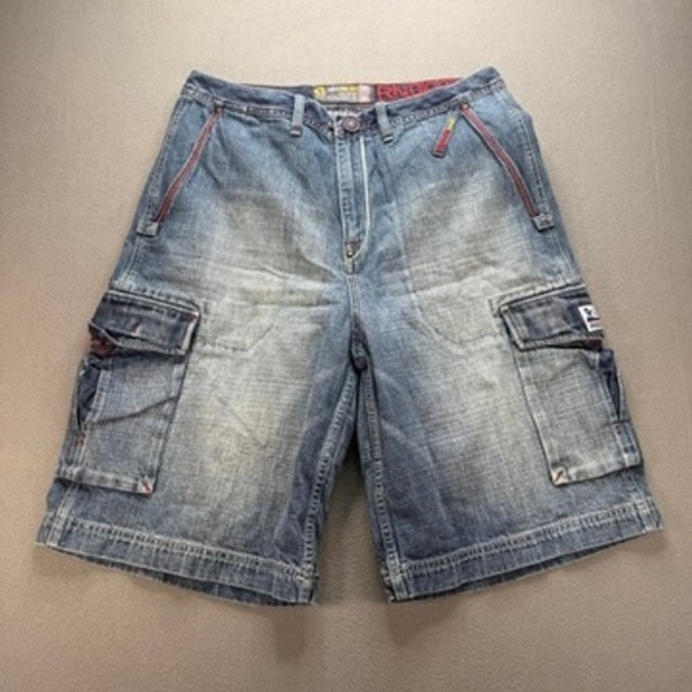 VTG Akademiks Loose Baggy Cargo Denim Jean Shorts Jorts Mens 36 Y2K Streetwear